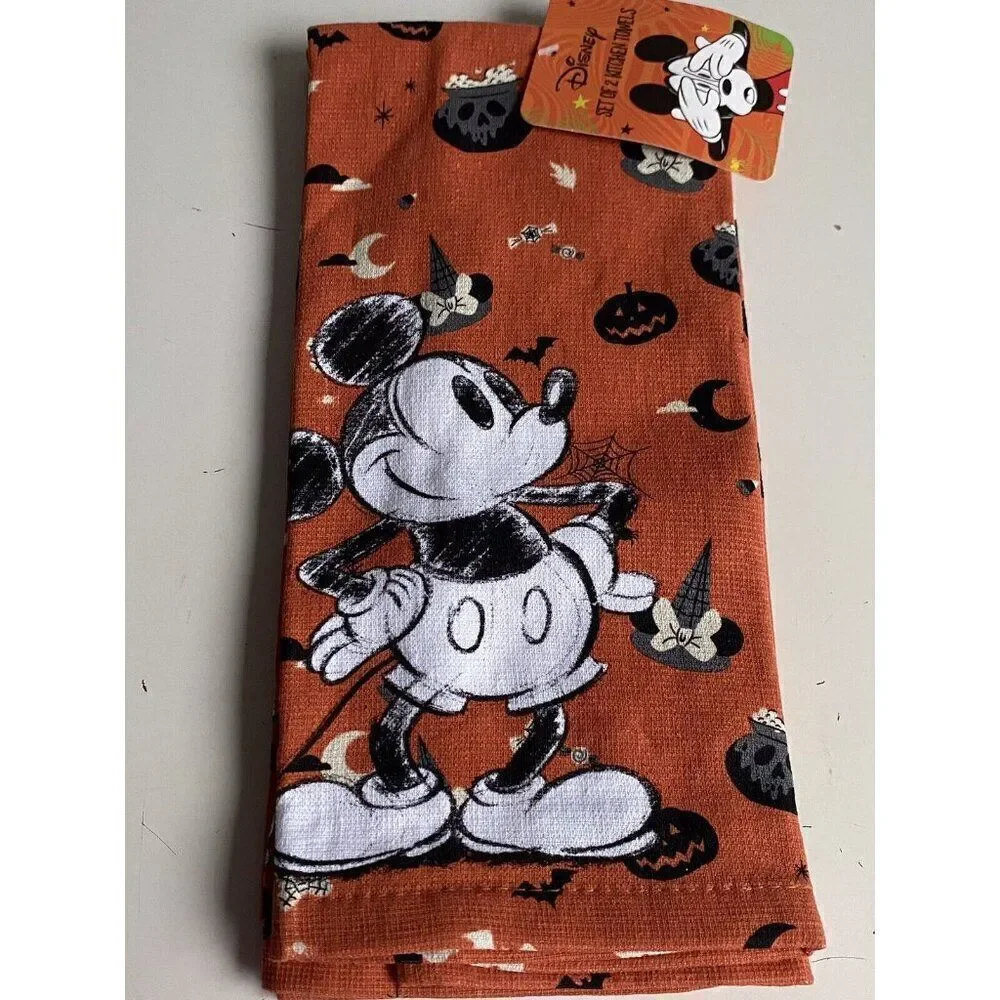 2 Pack Disney Mickey Mouse Halloween Kitchen Towels Jack O Lantern Witch Hat NEW